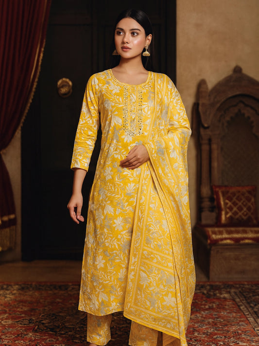 Yellow Floral Kurta Pant Dupatta Set