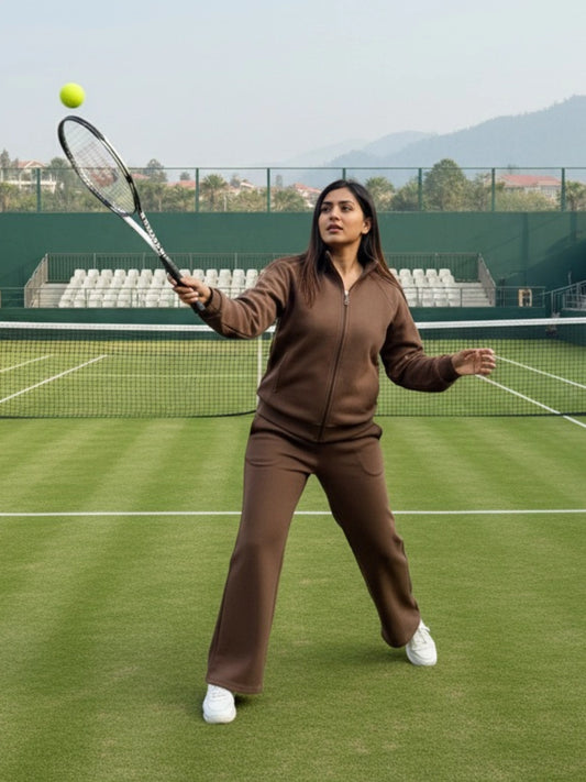 Brown Zip-Up Jacket and Wide-Leg Pants Co-ord Set