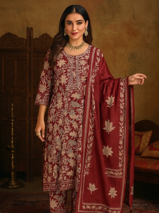 Maroon Embroidered Kurta Pant Dupatta Set