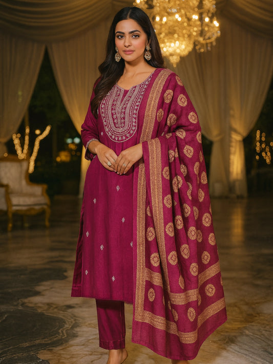 Deep Magenta Embroidered 3-Piece Set