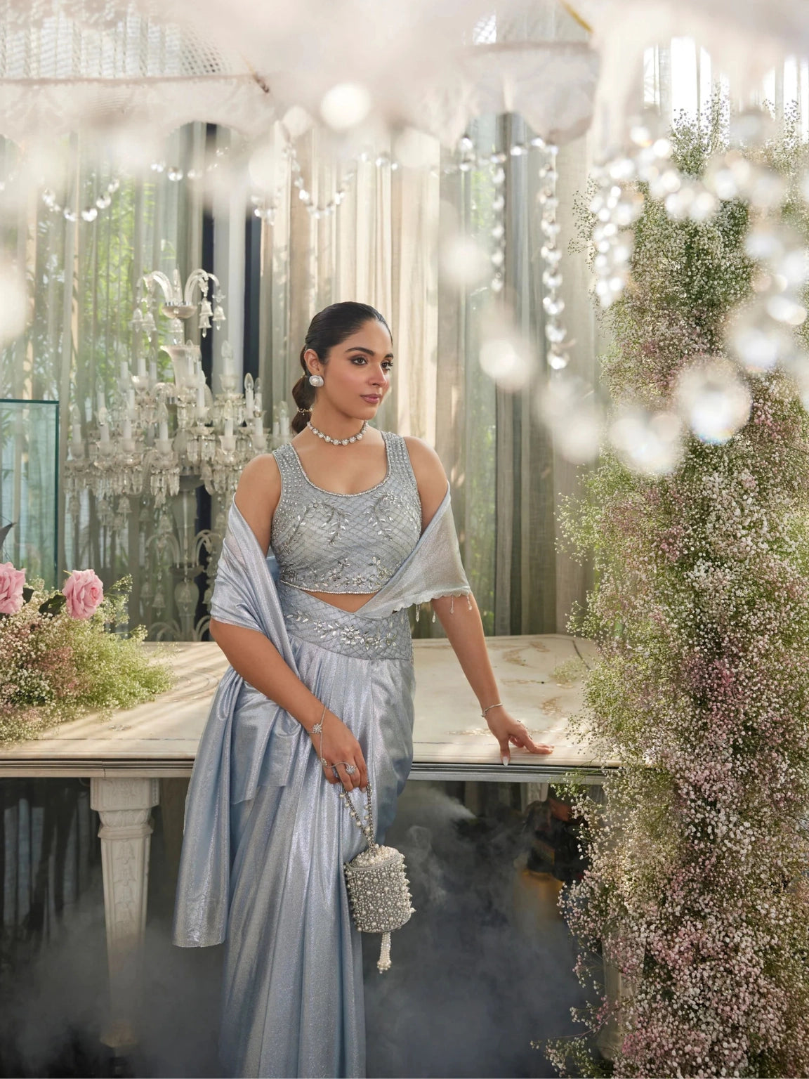 Ice Blue Pre-Draped Sequin Saree Set