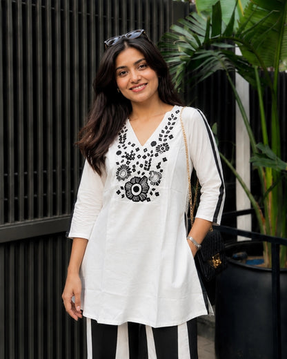 Floral Embroidered V-Neck Flared Cotton Co-ord Set