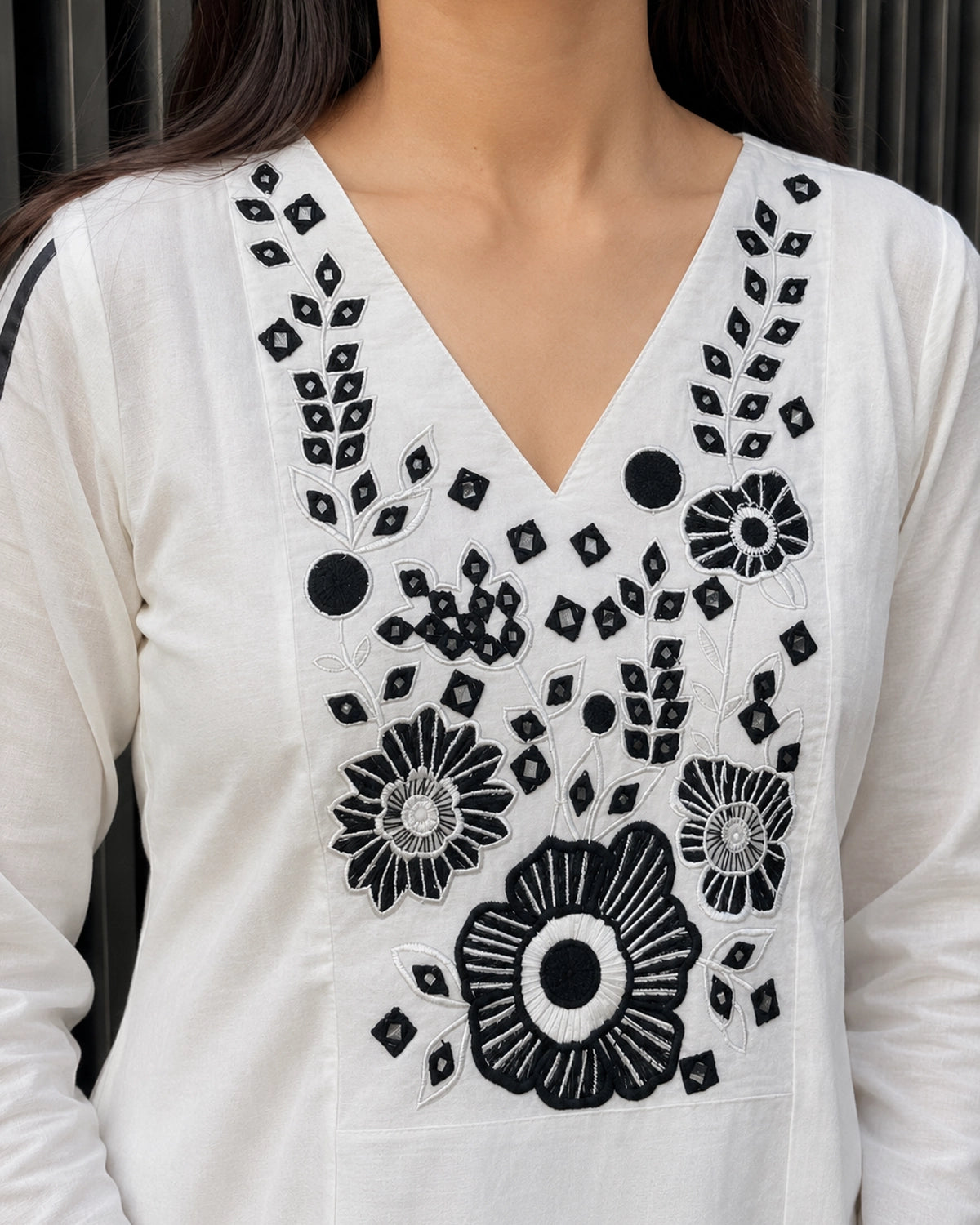 Floral Embroidered V-Neck Flared Cotton Co-ord Set