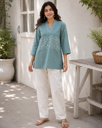 Embroidered V-Neck Three-Quarter Sleeve Cotton Kurti