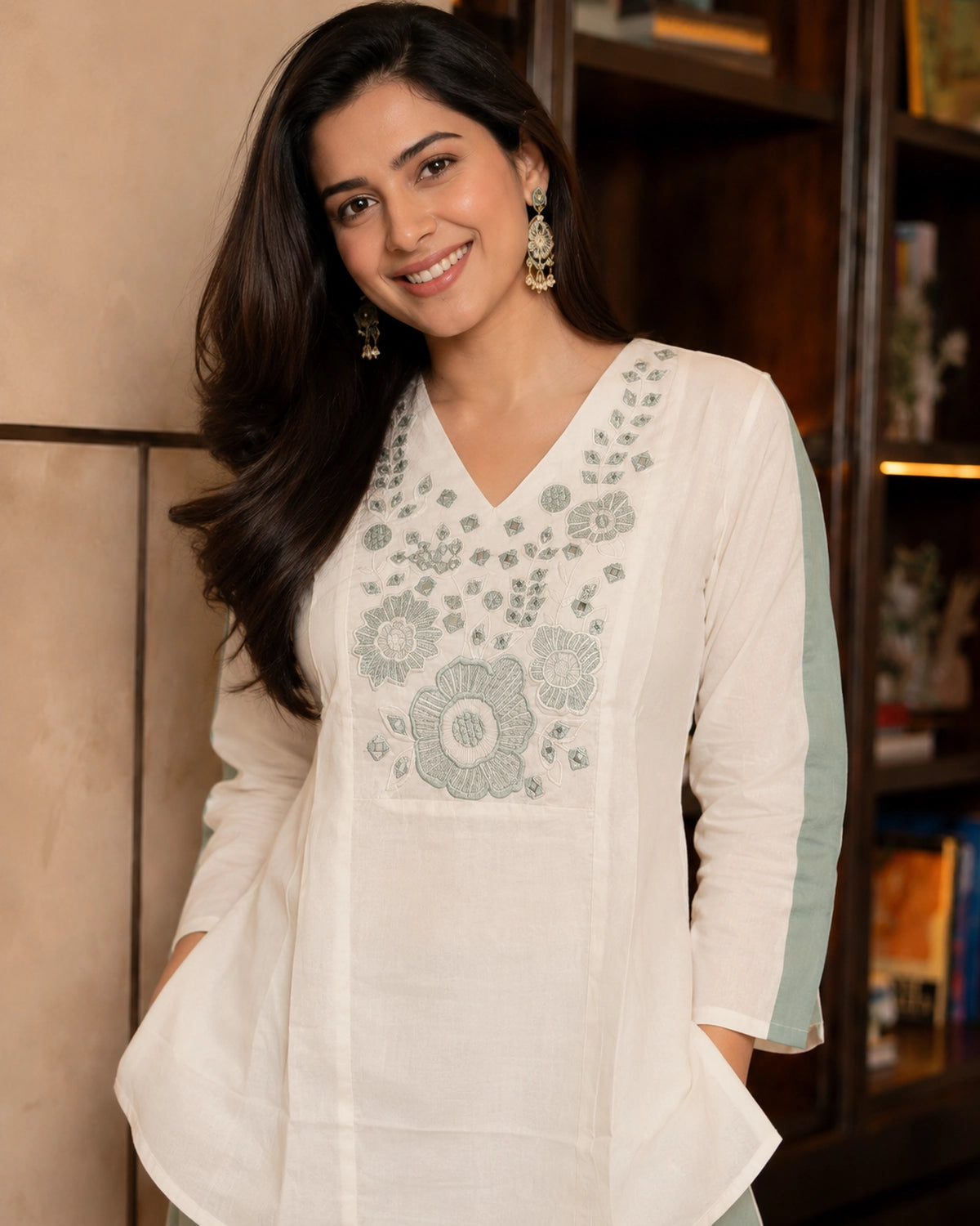 Floral Embroidered V-Neck Flared Cotton Co-ord Set