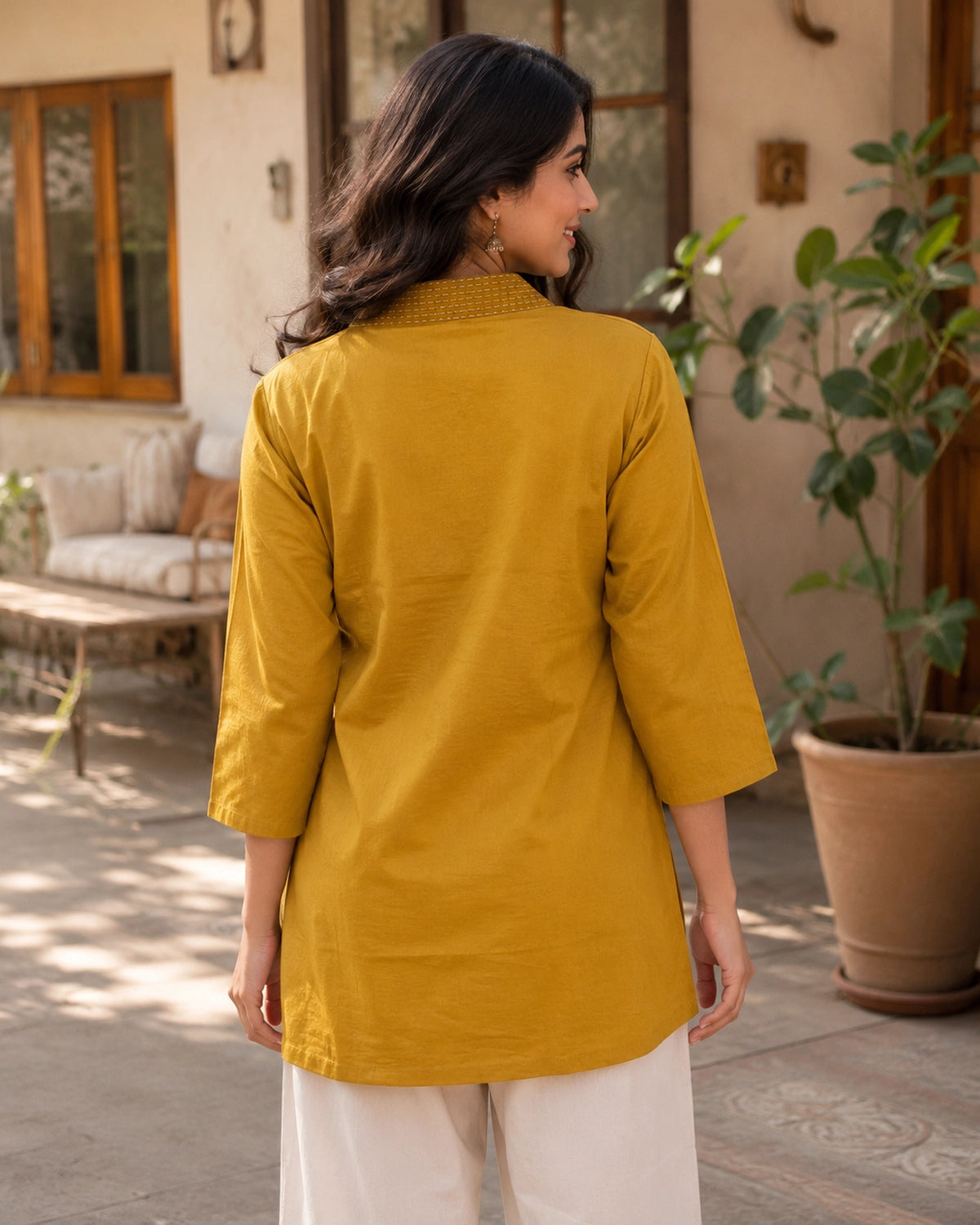 Embroidered V-Neck Three-Quarter Sleeve Cotton Kurti