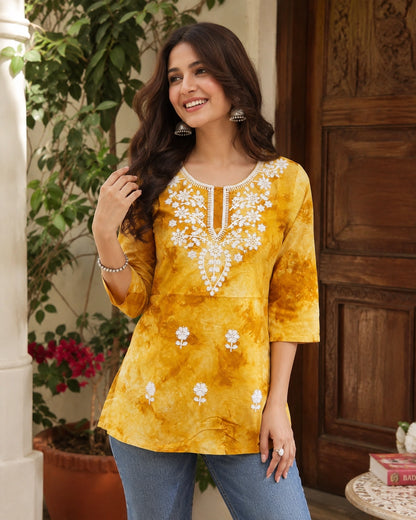 Chikankari Tie-Dye Round Neck Cotton Kurti