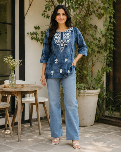 Chikankari Tie-Dye Round Neck Cotton Kurti