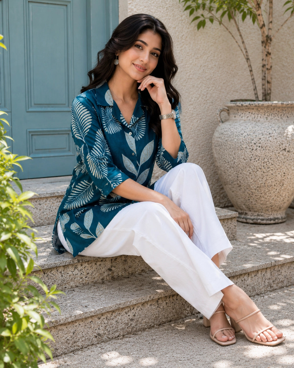 Floral Print Collared Three-Quarter Sleeve Cotton Kurti