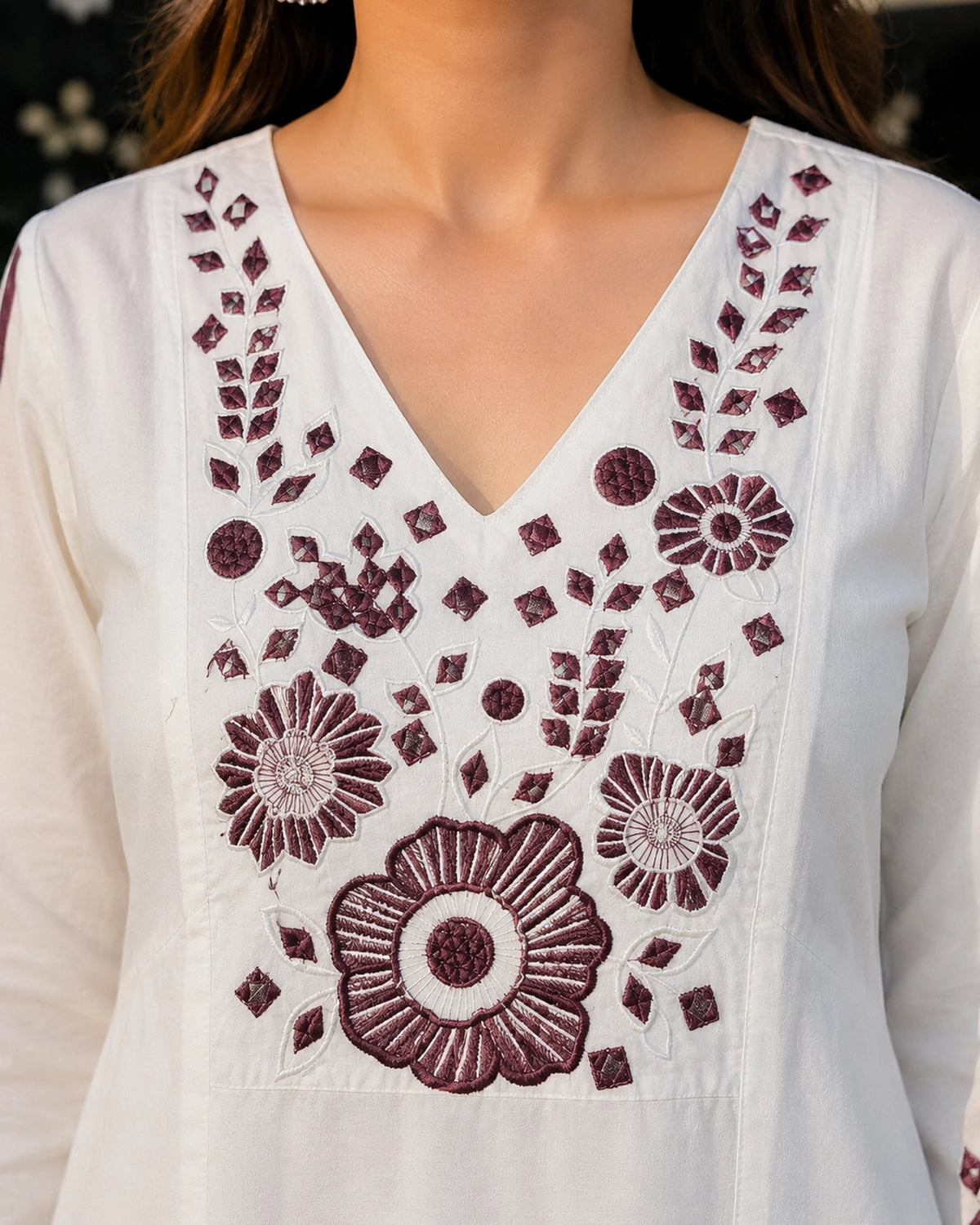 Floral Embroidered V-Neck Flared Cotton Co-ord Set
