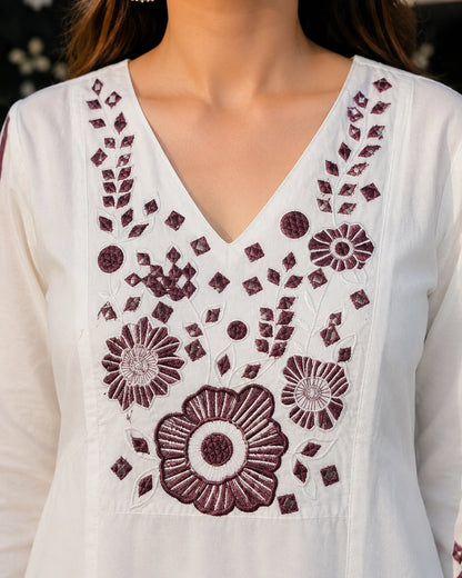 Floral Embroidered V-Neck Flared Cotton Co-ord Set