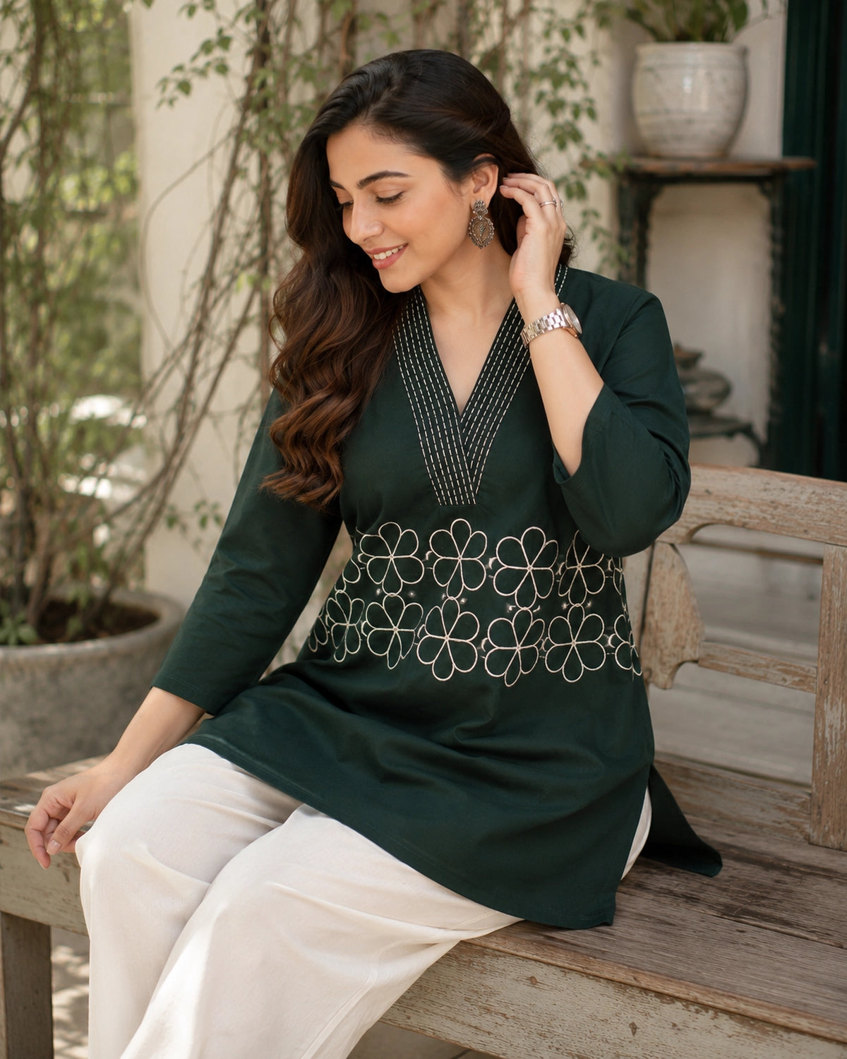 Embroidered V-Neck Three-Quarter Sleeve Cotton Kurti