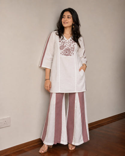 Floral Embroidered V-Neck Flared Cotton Co-ord Set