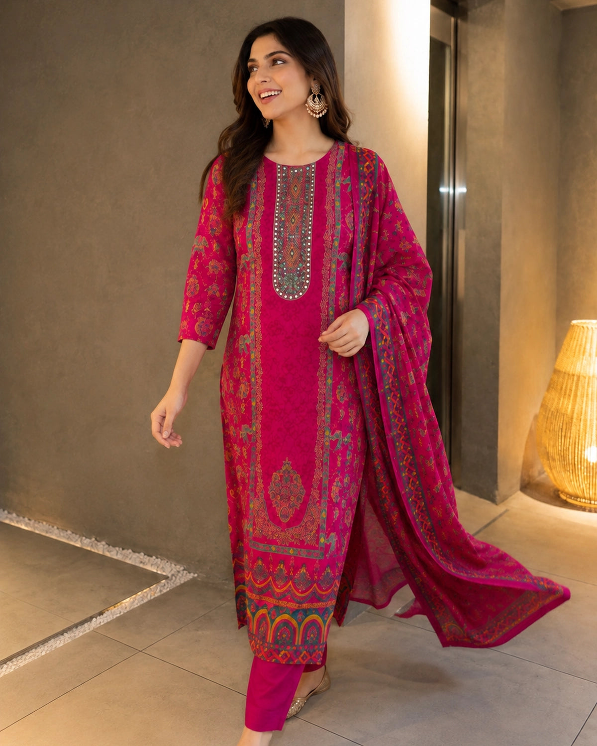Rani Pink Paisley Print Viscose Kurta Pant Dupatta Set