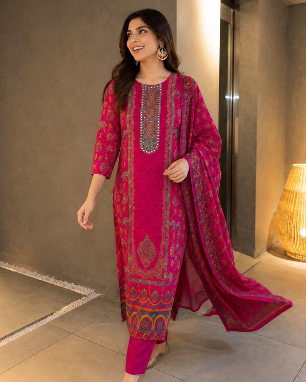 Rani Pink Paisley Print Viscose Kurta Pant Dupatta Set — image 3