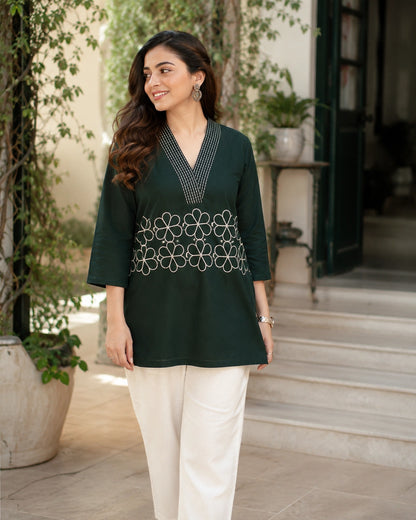 Embroidered V-Neck Three-Quarter Sleeve Cotton Kurti