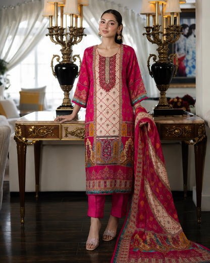 Pink & Ivory Colourblock Ethnic Crepe Kurta Pant Dupatta Set