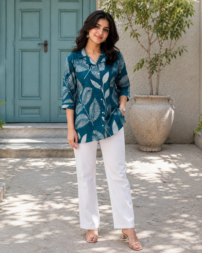 Floral Print Collared Three-Quarter Sleeve Cotton Kurti