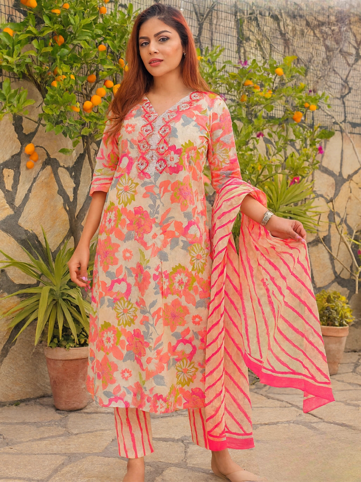 Peach Floral Cotton Suit Set