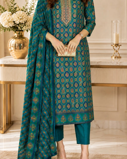 Teal Ethnic Motif Print Viscose Kurta Pant Dupatta Set