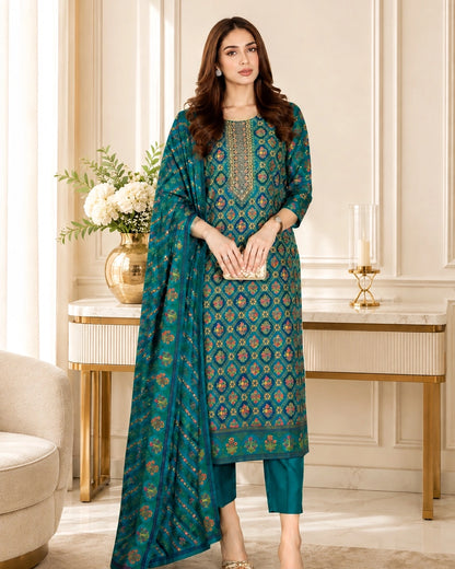 Teal Ethnic Motif Print Viscose Kurta Pant Dupatta Set