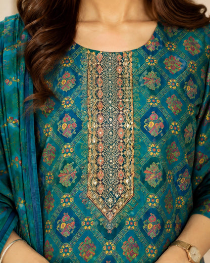 Teal Ethnic Motif Print Viscose Kurta Pant Dupatta Set