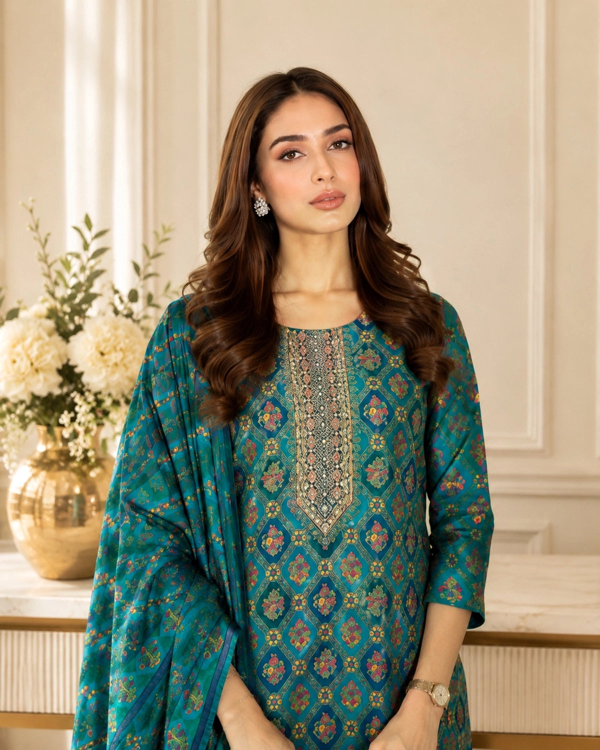 Teal Ethnic Motif Print Viscose Kurta Pant Dupatta Set
