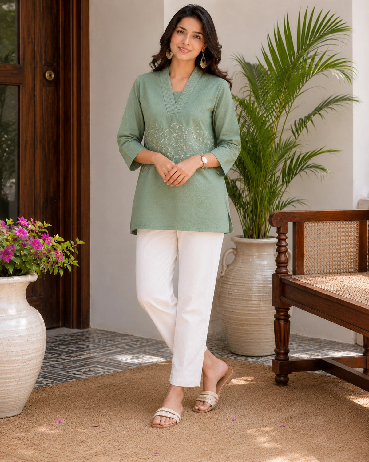 Embroidered V-Neck Three-Quarter Sleeve Cotton Kurti