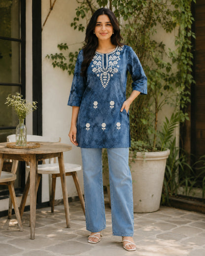 Chikankari Tie-Dye Round Neck Cotton Kurti