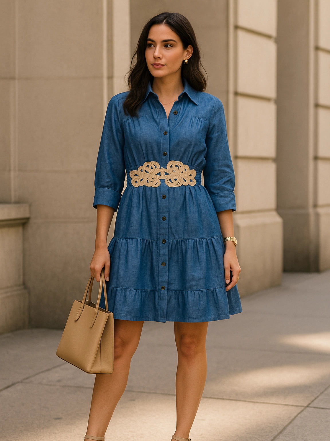 Denim-Look Shirt Dress with Embroidered Belt