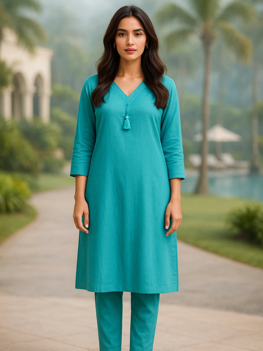 Teal Linen Cotton Straight Kurta Set