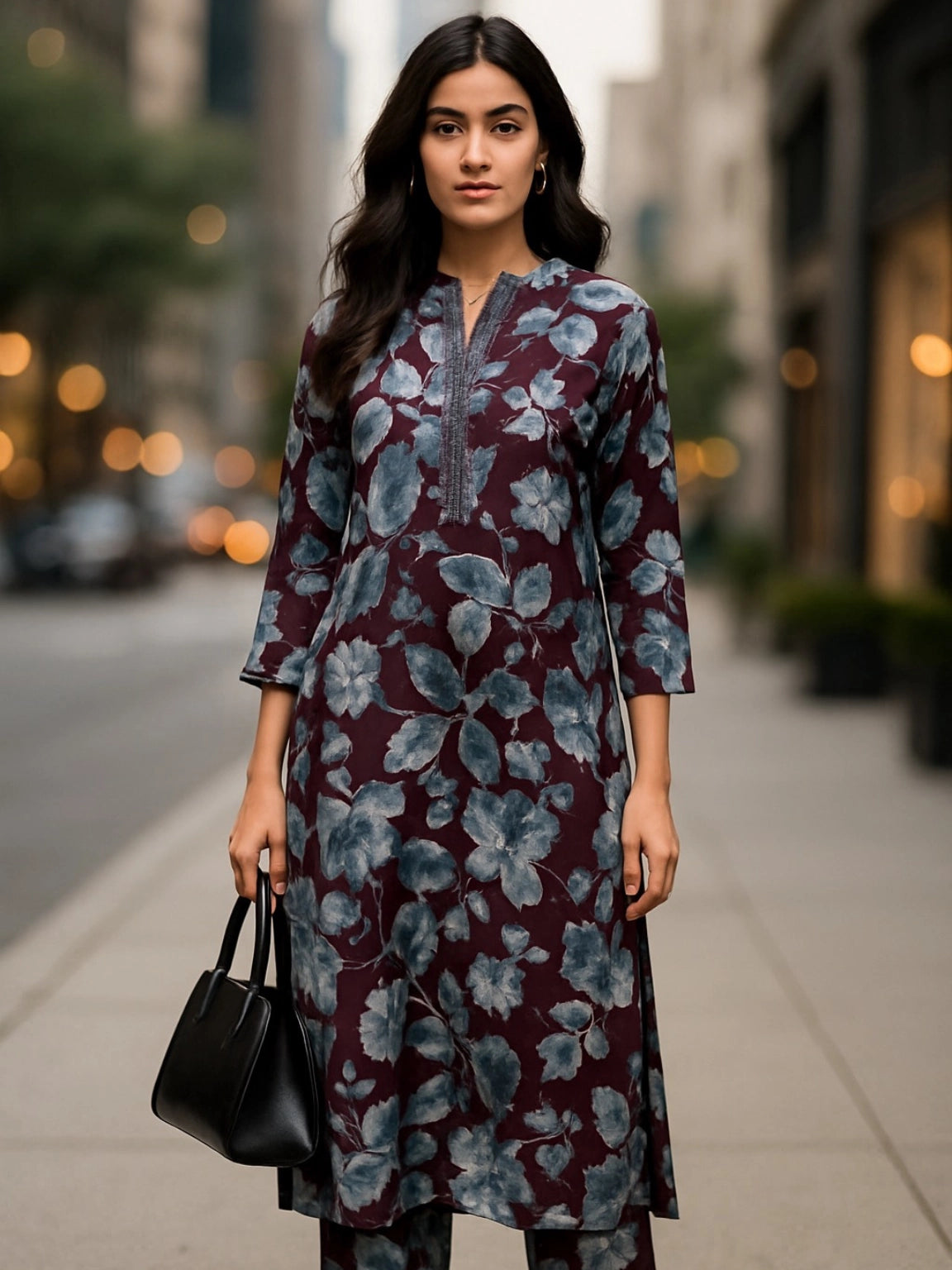 Maroon & Blue Floral Rayon Kurta Set for Women