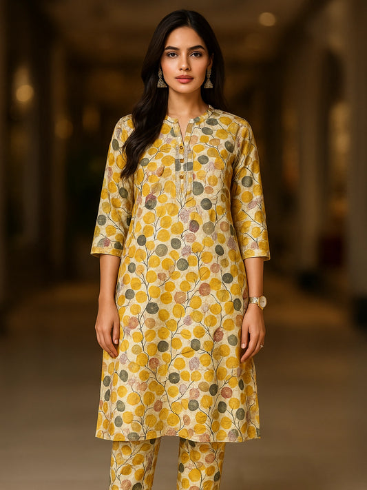 Yellow Leaf Print Rayon Kurta Set with Button Detailing
