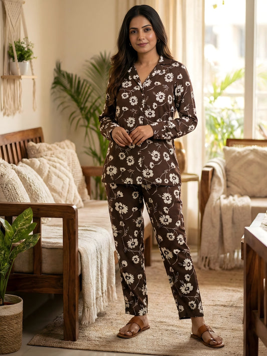 Chocolate Brown Floral Print Co-Ord Set