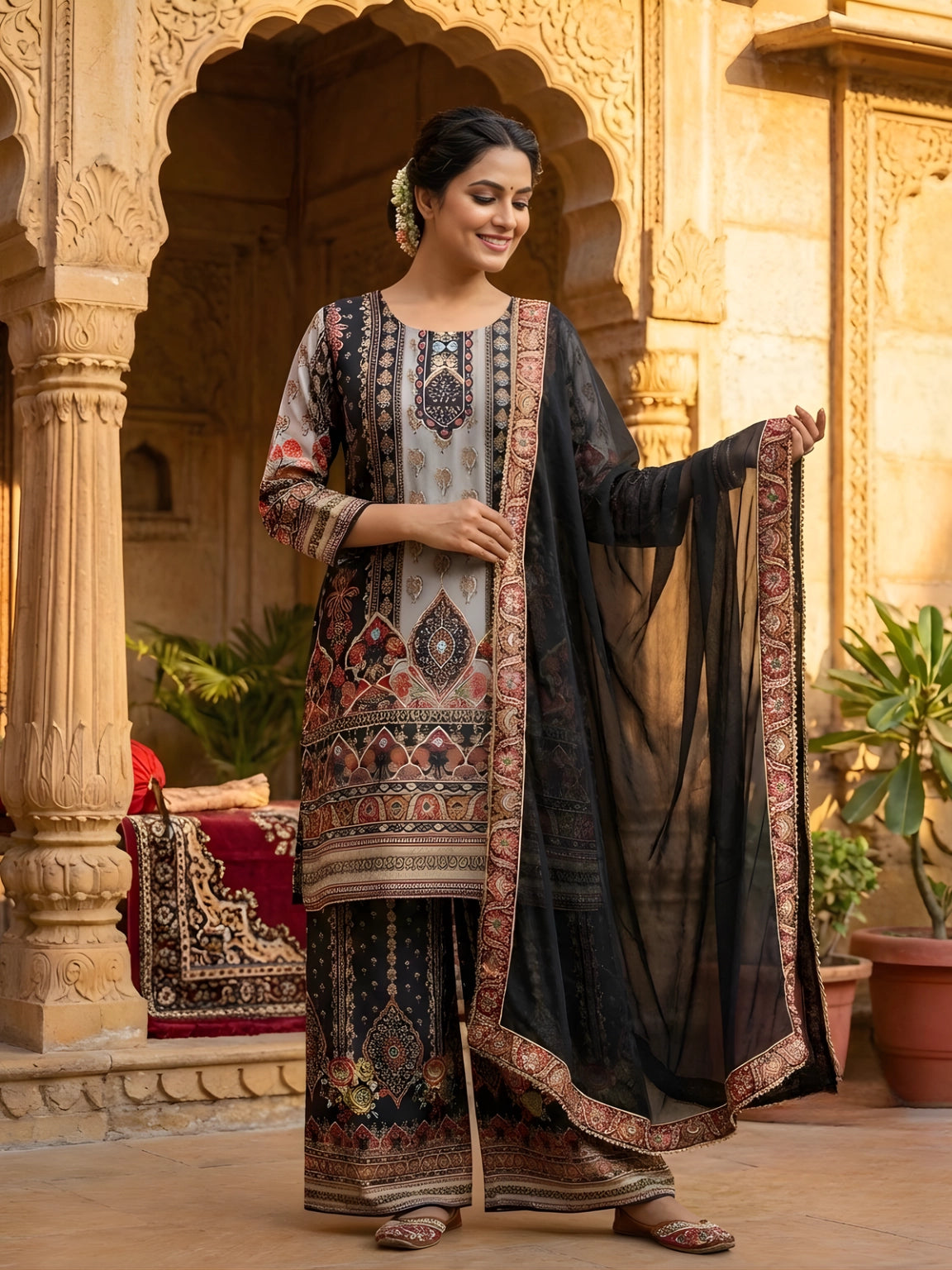 Elegant Midnight Black Printed Palazzo Suit Set