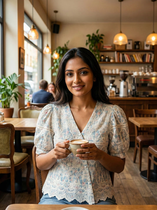 Sky Blue Embroidered Lace V-Neck Top
