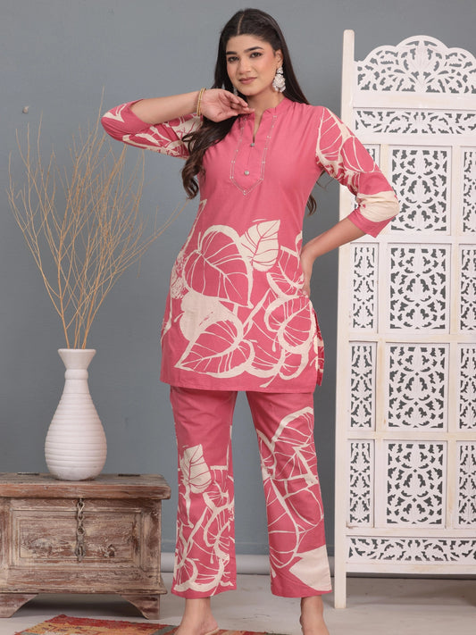 Pink Leaf Print Cotton Co-ord Set