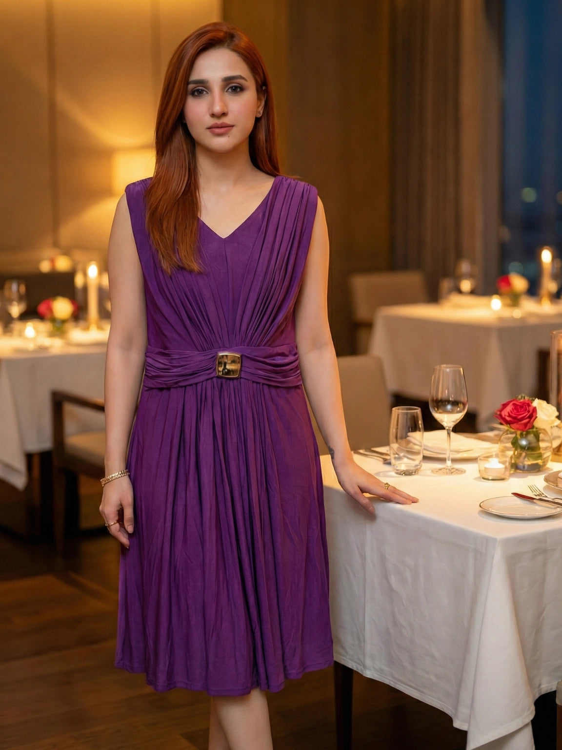 Pleated V-Neck Purple Cocktail Dress