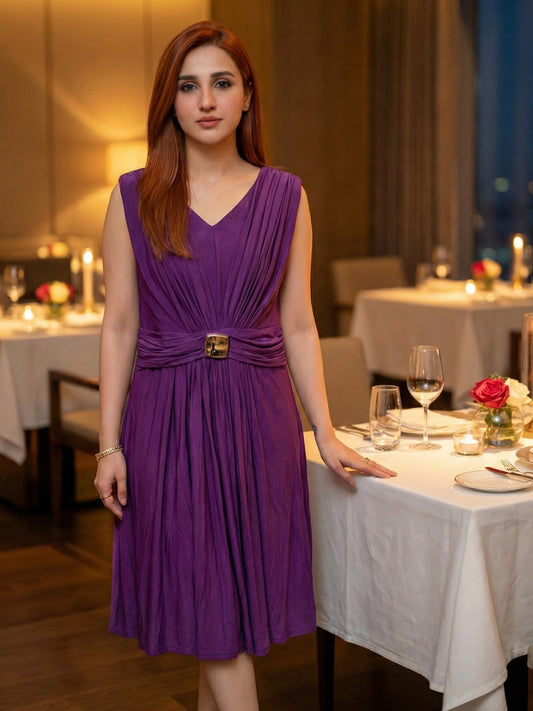 Pleated V-Neck Purple Cocktail Dress