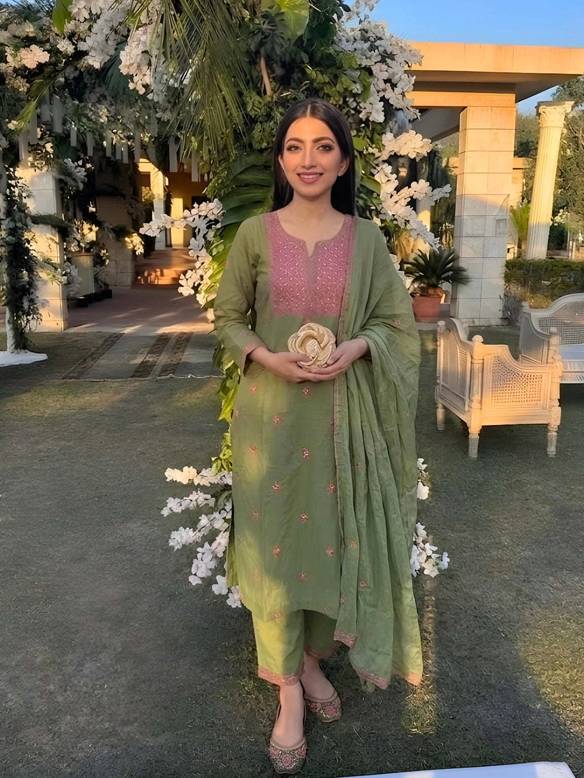 Sage Green Pink-Embroidered Kurta Set