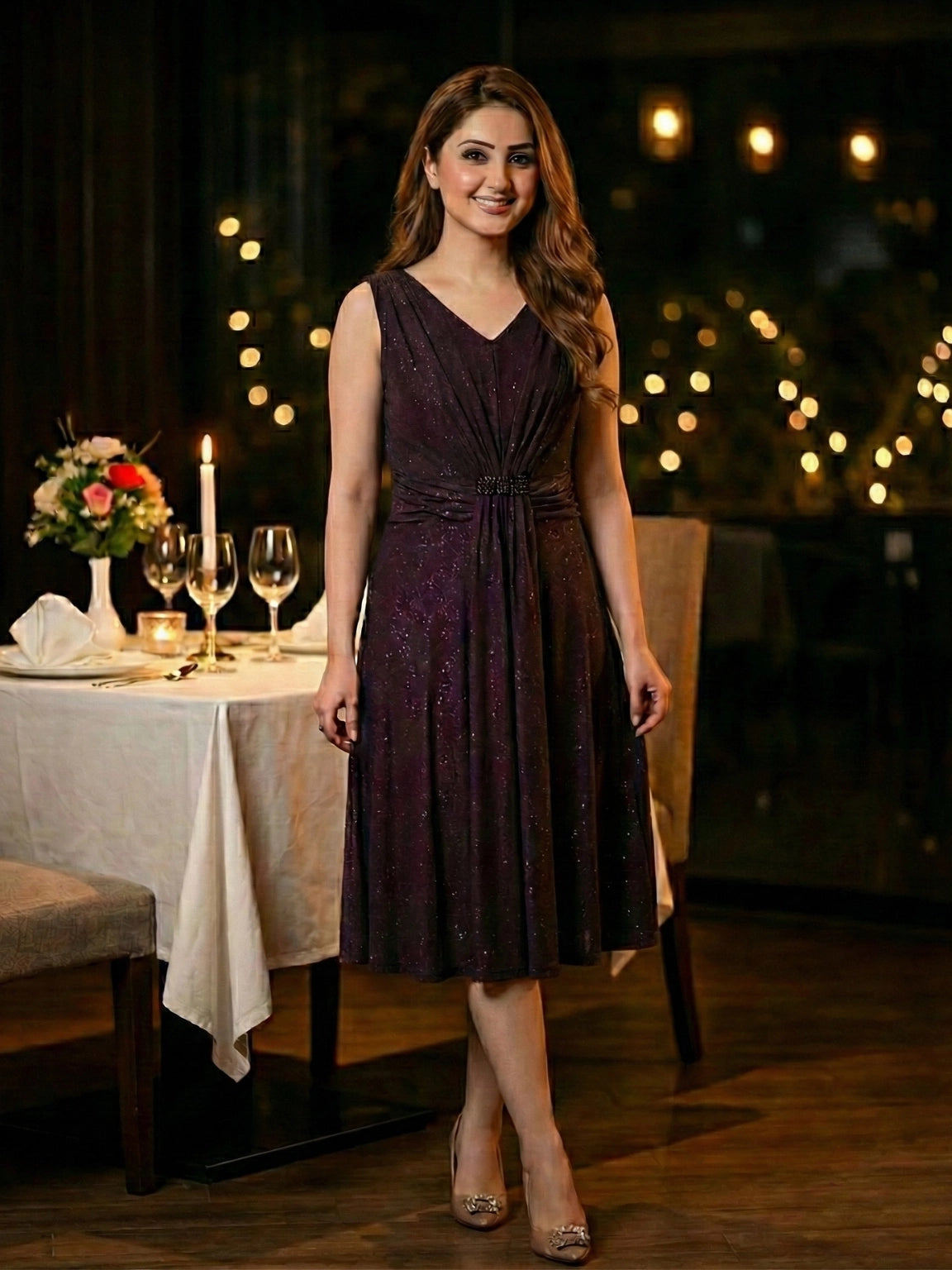 Midnight Wine Shimmer Ruched Midi Dress