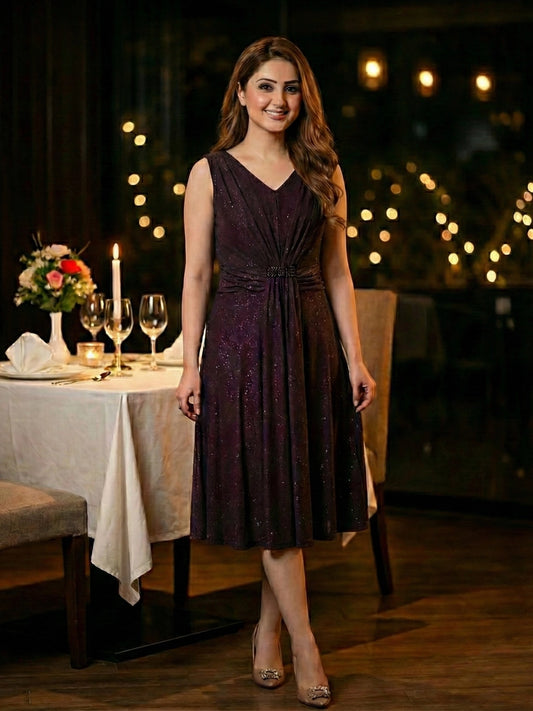 Midnight Wine Shimmer Ruched Midi Dress