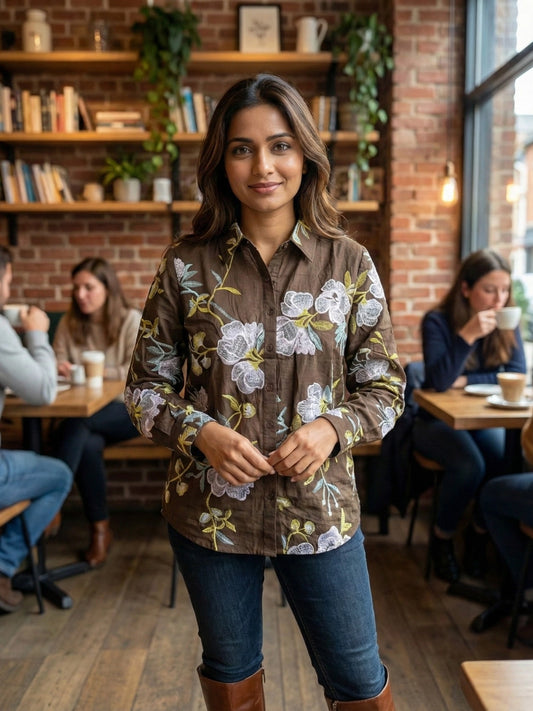 Espresso Brown Embroidered Floral Shirt