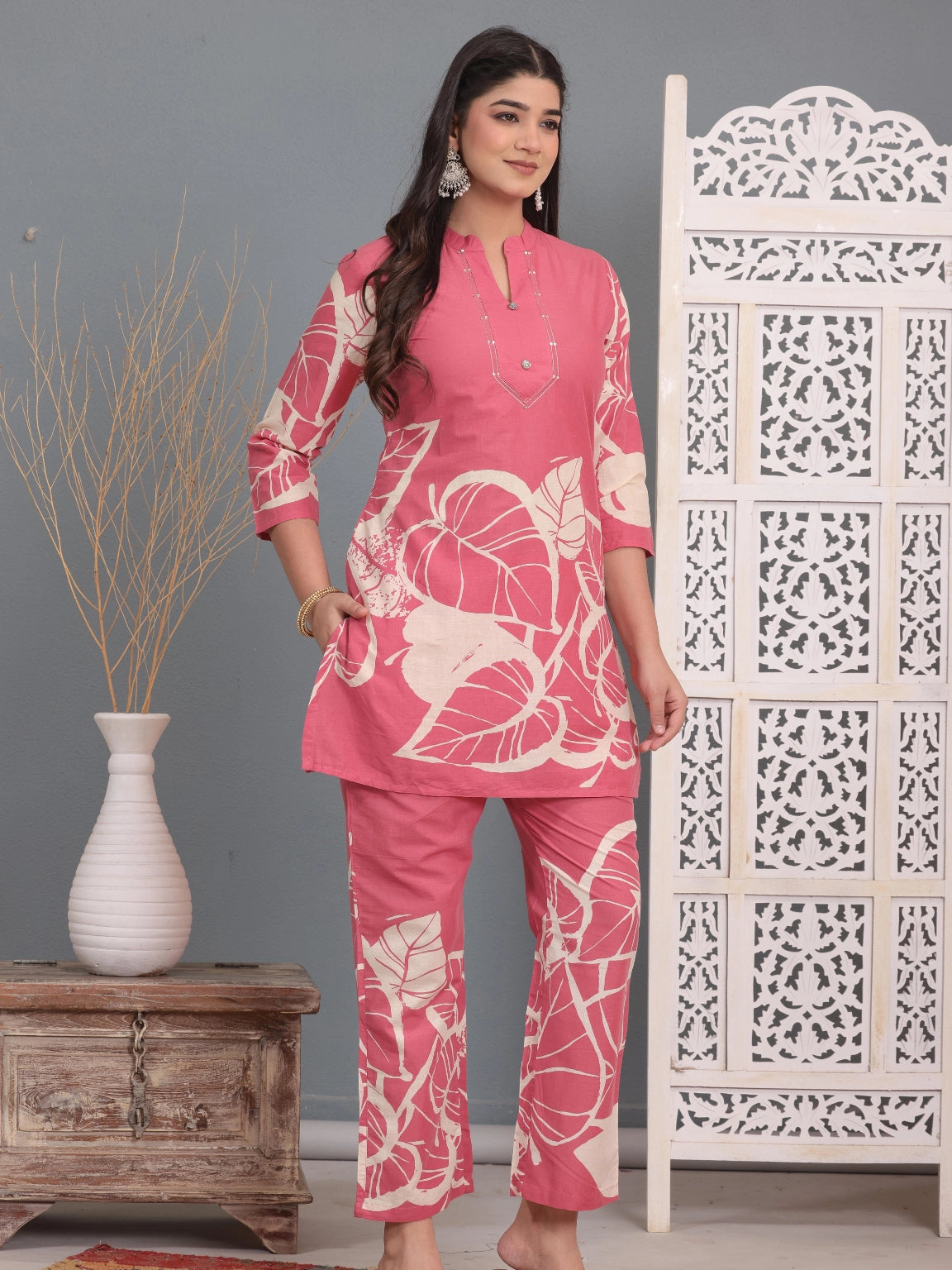 Pink Leaf Print Cotton Co-ord Set