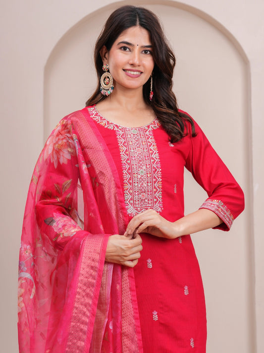 Red Embroidered Viscose Three-Piece Suit