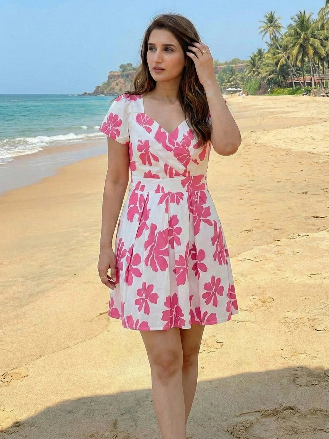 Pink Floral Wrap-Style Mini Dress