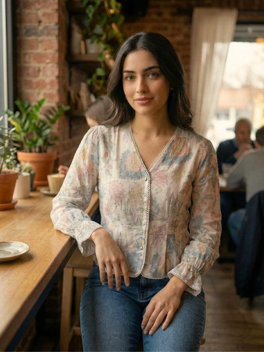 Pastel Floral V-Neck Ruffled Top - Soft Peach & Dusty Blue