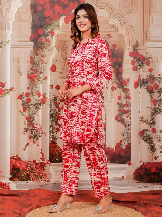 Red and White Shibori Print Co-Ord Set