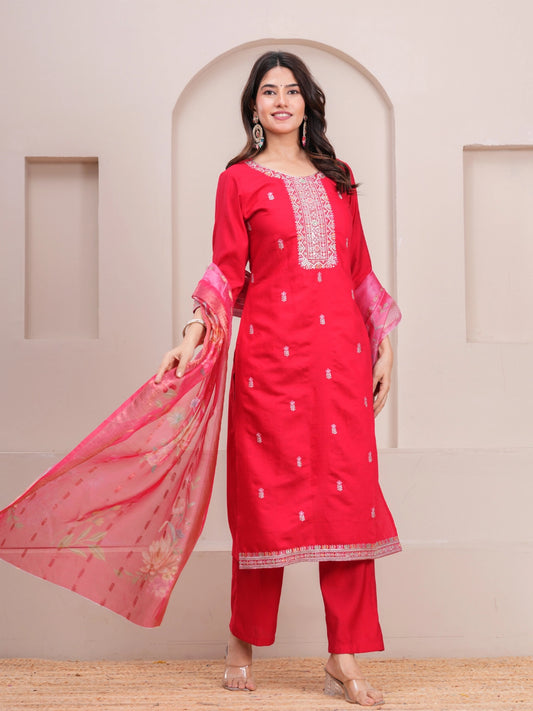 Red Embroidered Viscose Three-Piece Suit