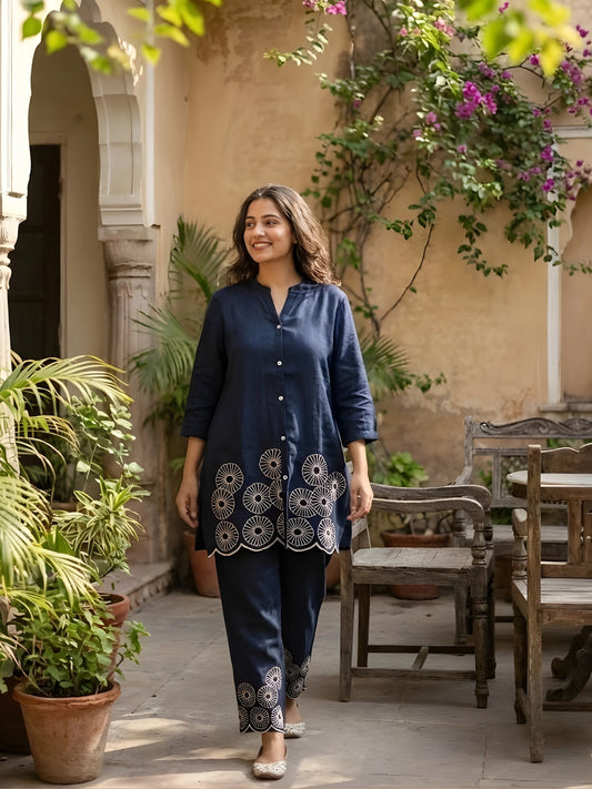 Embroidered Indigo Co-Ord Set